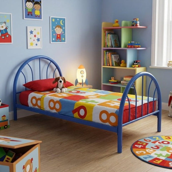 English Elm Heavy Duty Metal Twin Bed Frame with 16 Slats High Clearance and Underbed Storage Tubs Blue B2735S00120