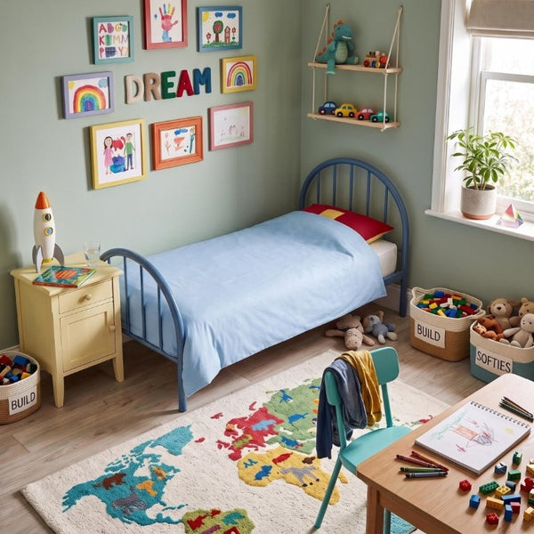 English Elm Heavy Duty Metal Twin Bed Frame with 16 Slats High Clearance and Underbed Storage Tubs Blue B2735S00120