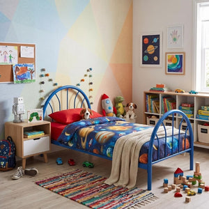 English Elm Heavy Duty Metal Twin Bed Frame with 16 Slats High Clearance and Underbed Storage Tubs Blue B2735S00120