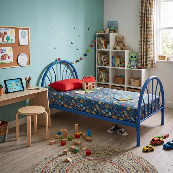 English Elm Heavy Duty Metal Twin Bed Frame with 16 Slats High Clearance and Underbed Storage Tubs Blue B2735S00120