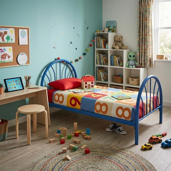 English Elm Heavy Duty Metal Twin Bed Frame with 16 Slats High Clearance and Underbed Storage Tubs Blue B2735S00120