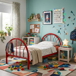 English Elm Heavy Duty Metal Twin Bed Frame with 16 Slats High Clearance and Underbed Storage Tubs Red B2735S00121