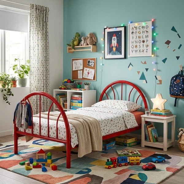 English Elm Heavy Duty Metal Twin Bed Frame with 16 Slats High Clearance and Underbed Storage Tubs Red B2735S00121
