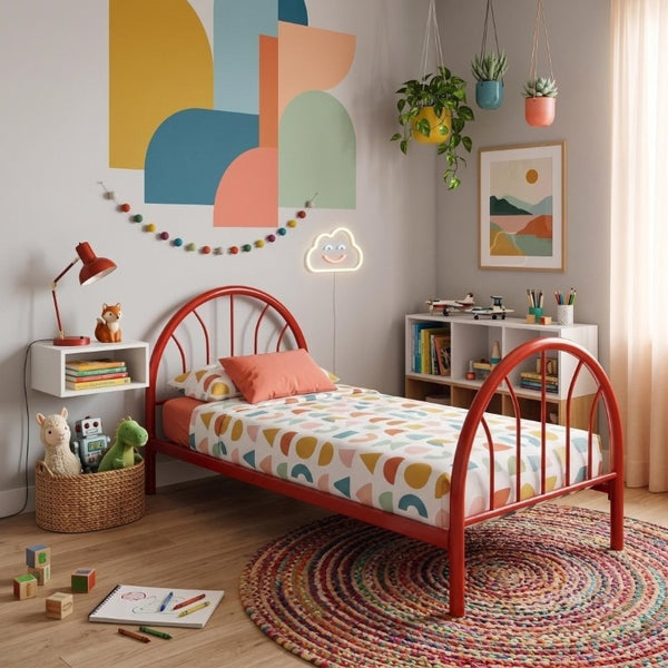 English Elm Heavy Duty Metal Twin Bed Frame with 16 Slats High Clearance and Underbed Storage Tubs Red B2735S00121