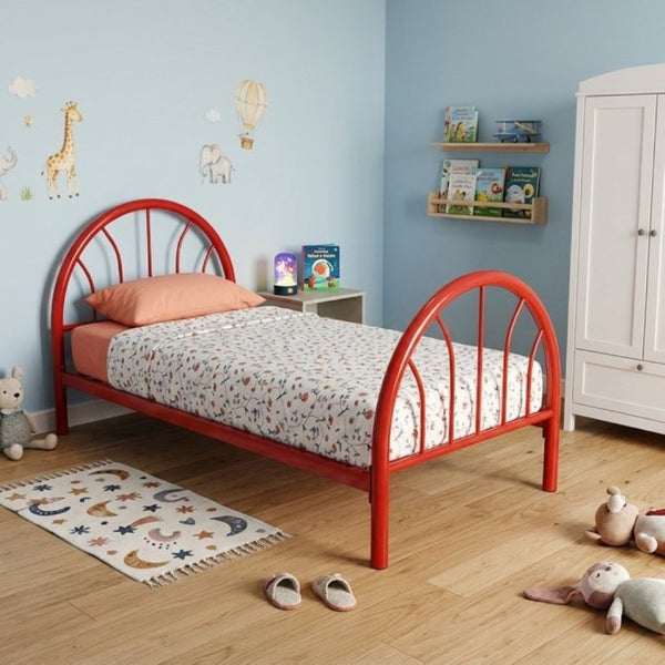 English Elm Heavy Duty Metal Twin Bed Frame with 16 Slats High Clearance and Underbed Storage Tubs Red B2735S00121
