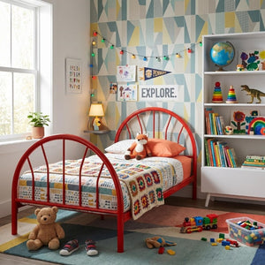 English Elm Heavy Duty Metal Twin Bed Frame with 16 Slats High Clearance and Underbed Storage Tubs Red B2735S00121