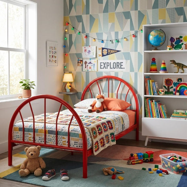 English Elm Heavy Duty Metal Twin Bed Frame with 16 Slats High Clearance and Underbed Storage Tubs Red B2735S00121