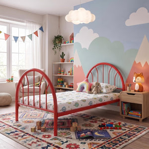 English Elm Heavy Duty Metal Twin Bed Frame with 16 Slats High Clearance and Underbed Storage Tubs Red B2735S00121