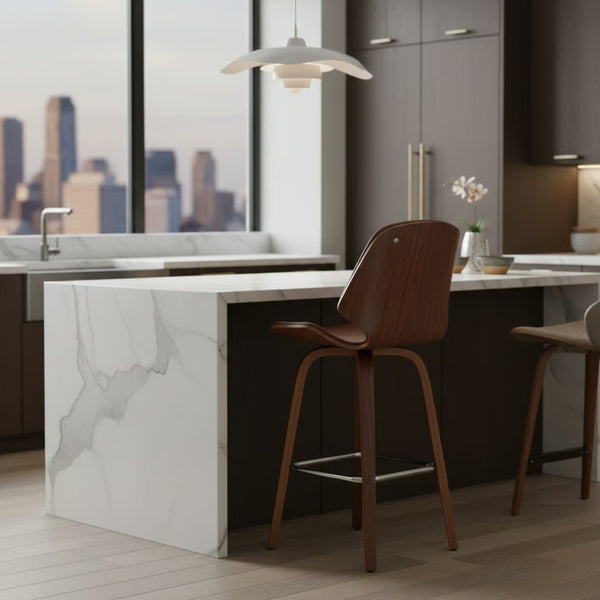 English Elm Belora Channel Tufted Faux Leather Swivel Barstool with Walnut Base for Home Bar B2736P511285