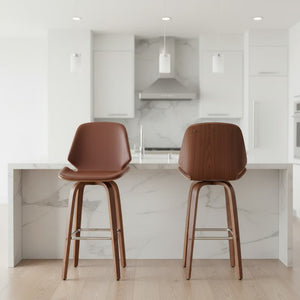 English Elm Belora Channel Tufted Faux Leather Swivel Barstool with Walnut Base for Home Bar B2736P511285