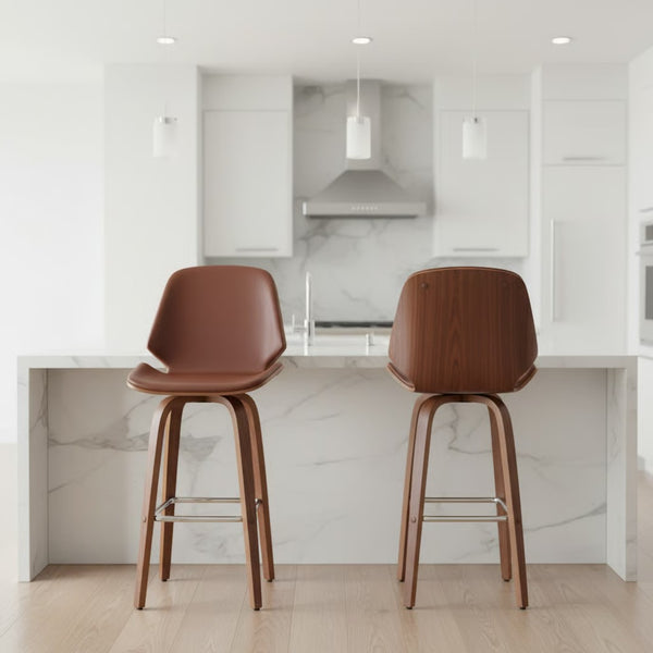 English Elm Belora Channel Tufted Faux Leather Swivel Barstool with Walnut Base for Home Bar B2736P511285