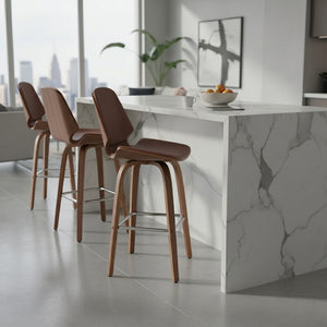 English Elm Belora Channel Tufted Faux Leather Swivel Barstool with Walnut Base for Home Bar B2736P511285