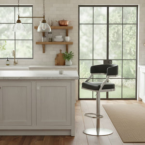 English Elm Licaia Swivel Barstool Faux Leather Seat Brushed Steel Base Adjustable Counter Height Black B2736P511294