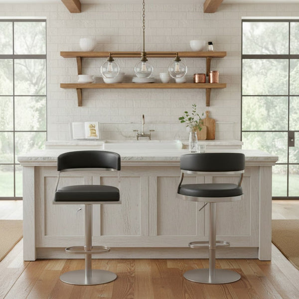 English Elm Licaia Swivel Barstool Faux Leather Seat Brushed Steel Base Adjustable Counter Height Black B2736P511294