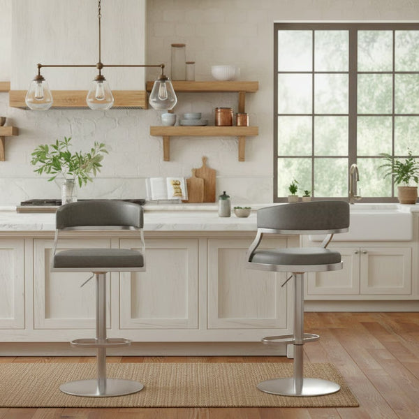 English Elm Licaia Swivel Barstool Faux Leather Seat Brushed Steel Base Adjustable Counter Height Gray B2736P511295
