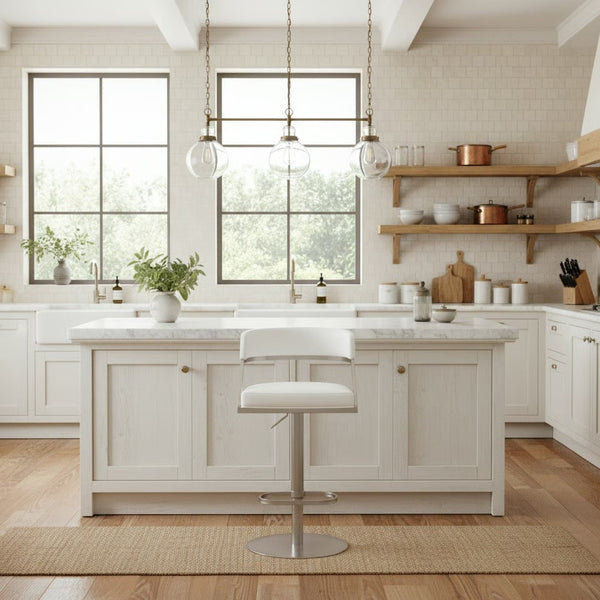 English Elm Licaia Swivel Barstool Faux Leather Seat Brushed Steel Base Adjustable Counter Height White B2736P511296
