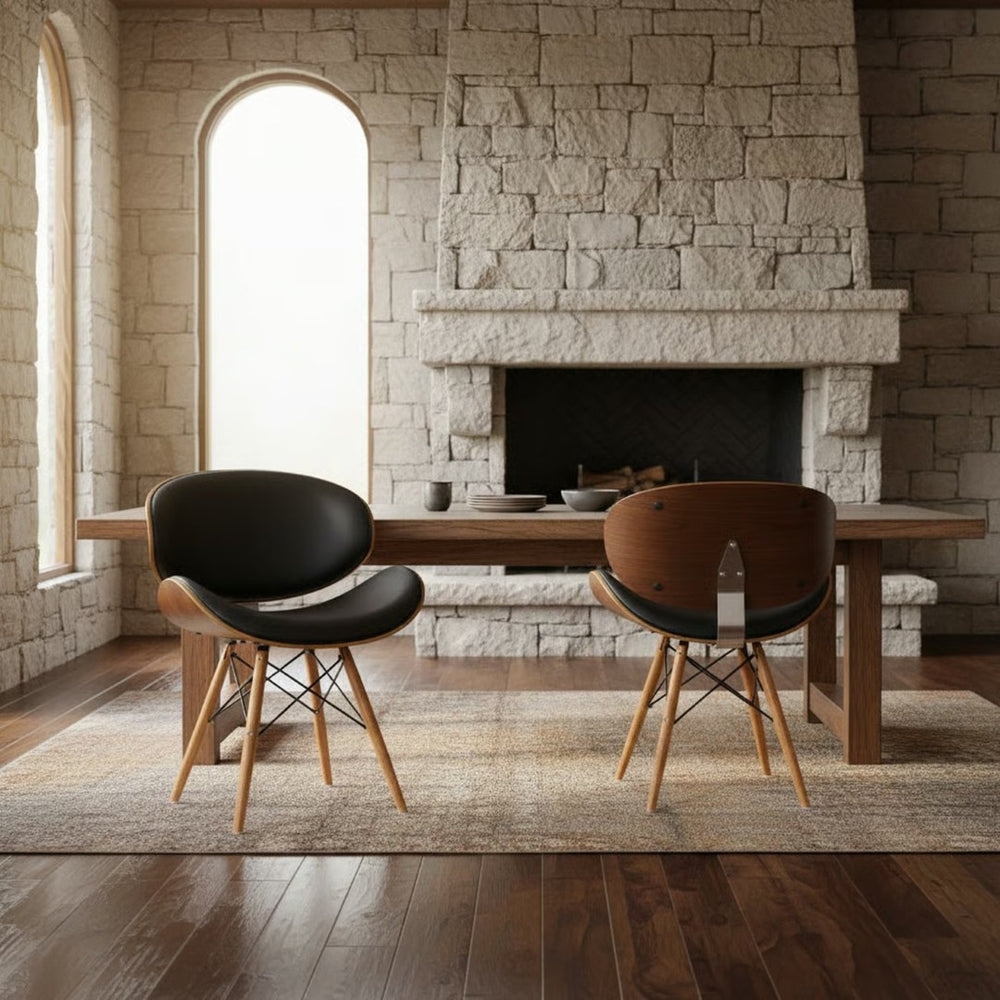 English Elm Saisce Mid-century Walnut Dining Chair with Faux Leather Seat and Wire Eiffel Base B2736P511297