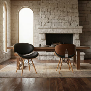 English Elm Saisce Mid-century Walnut Dining Chair with Faux Leather Seat and Wire Eiffel Base B2736P511297