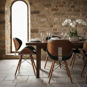 English Elm Saisce Mid-century Walnut Dining Chair with Faux Leather Seat and Wire Eiffel Base B2736P511297