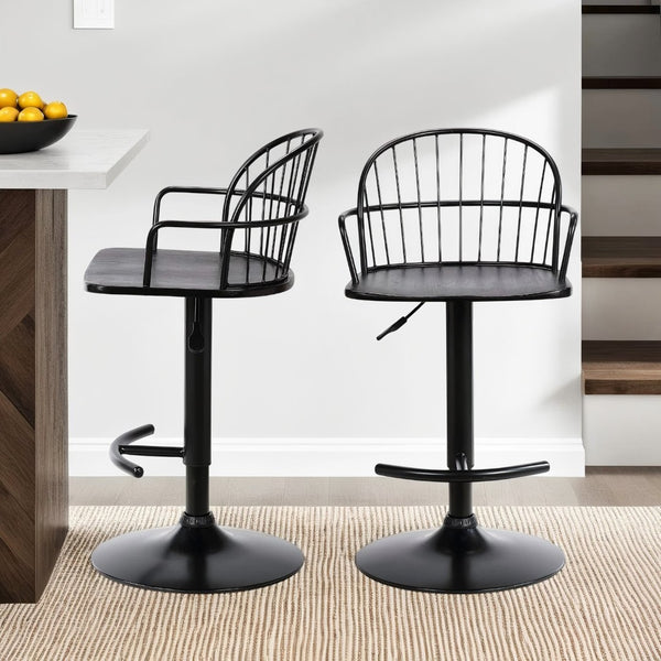 English Elm Drawe Matte Black Wood and Metal Adjustable Barstool for Industrial Modern Kitchens B2736P511302