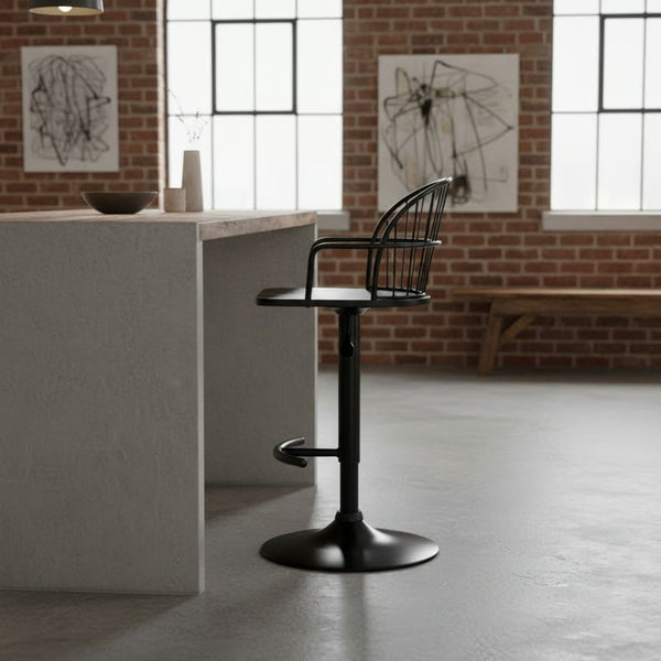 English Elm Drawe Matte Black Wood and Metal Adjustable Barstool for Industrial Modern Kitchens B2736P511302