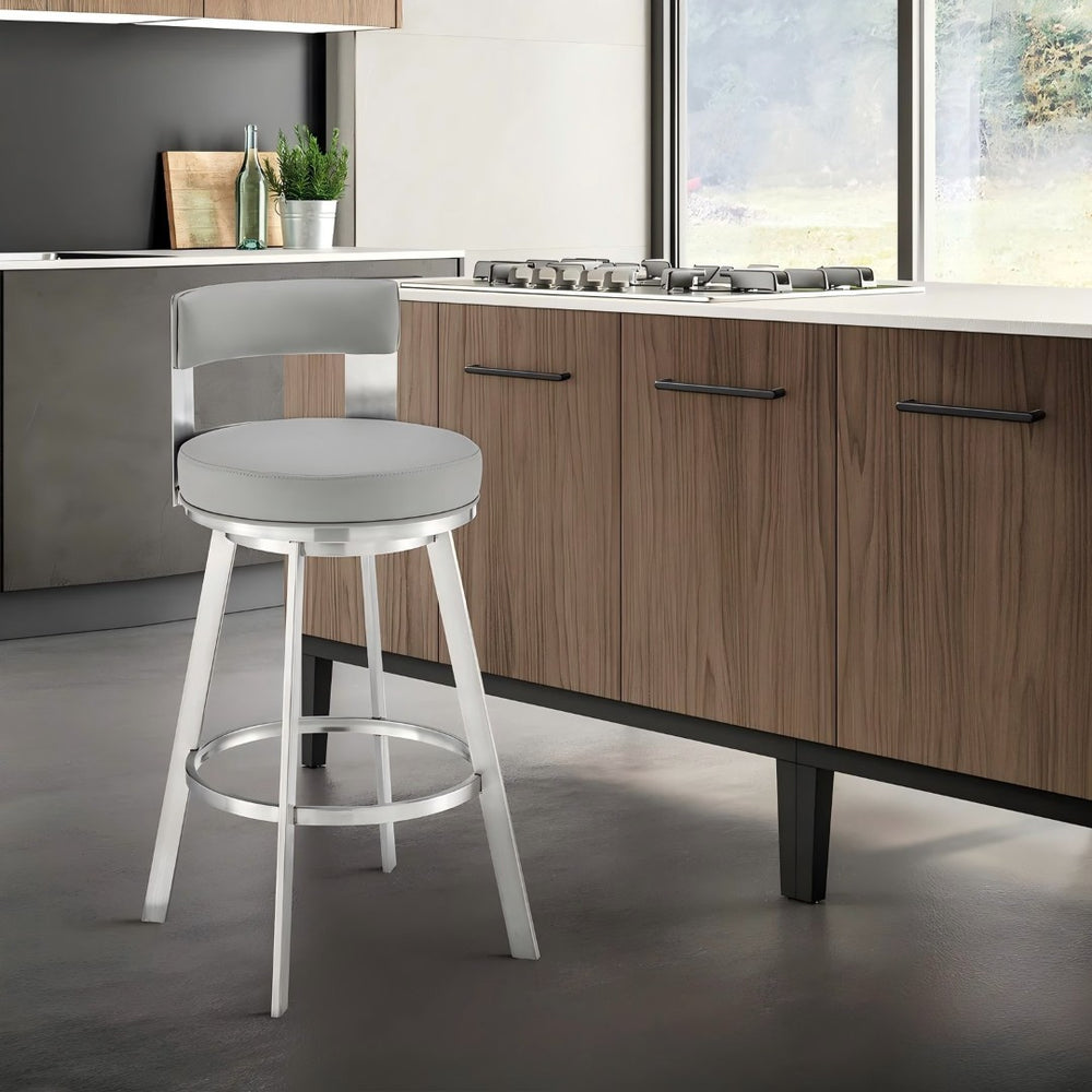English Elm Nylun Swivel Counterstool Faux Leather Seat Brushed Steel Base for Kitchen Islands Light Gray B2736P511305