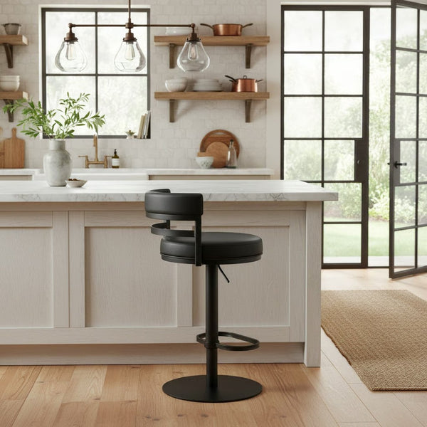 English Elm Iduj Industrial Faux Leather Swivel Barstool with Adjustable Height Metal Pedestal Base Black B2736P511312