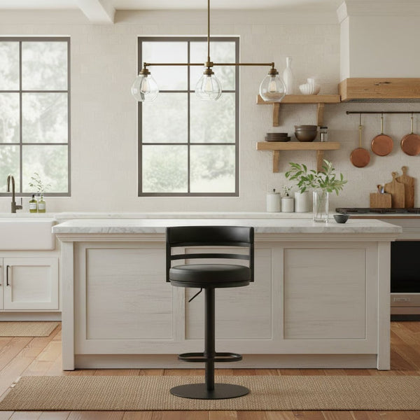 English Elm Iduj Industrial Faux Leather Swivel Barstool with Adjustable Height Metal Pedestal Base Black B2736P511312