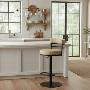 English Elm Iduj Industrial Faux Leather Swivel Barstool with Adjustable Height Metal Pedestal Base Beige B2736P511313