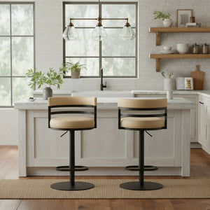 English Elm Iduj Industrial Faux Leather Swivel Barstool with Adjustable Height Metal Pedestal Base Beige B2736P511313