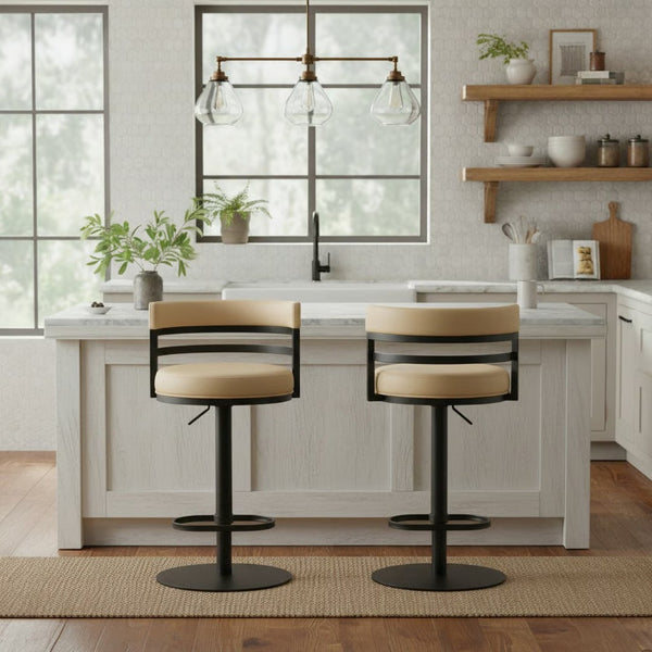 English Elm Iduj Industrial Faux Leather Swivel Barstool with Adjustable Height Metal Pedestal Base Beige B2736P511313