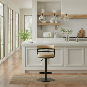 English Elm Iduj Industrial Faux Leather Swivel Barstool with Adjustable Height Metal Pedestal Base Beige B2736P511313