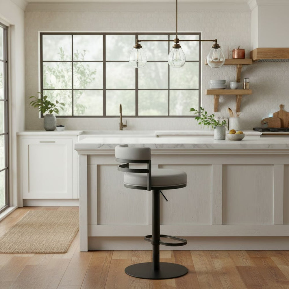 English Elm Iduj Industrial Faux Leather Swivel Barstool with Adjustable Height Metal Pedestal Base Gray B2736P511314