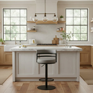 English Elm Iduj Industrial Faux Leather Swivel Barstool with Adjustable Height Metal Pedestal Base Gray B2736P511314