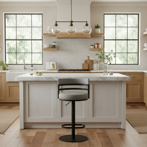 English Elm Iduj Industrial Faux Leather Swivel Barstool with Adjustable Height Metal Pedestal Base Gray B2736P511314