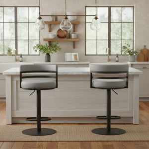 English Elm Iduj Industrial Faux Leather Swivel Barstool with Adjustable Height Metal Pedestal Base Gray B2736P511314