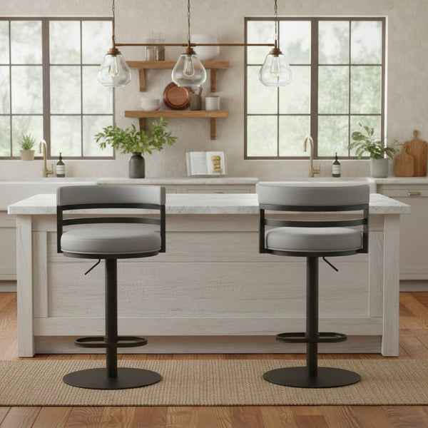English Elm Iduj Industrial Faux Leather Swivel Barstool with Adjustable Height Metal Pedestal Base Gray B2736P511314