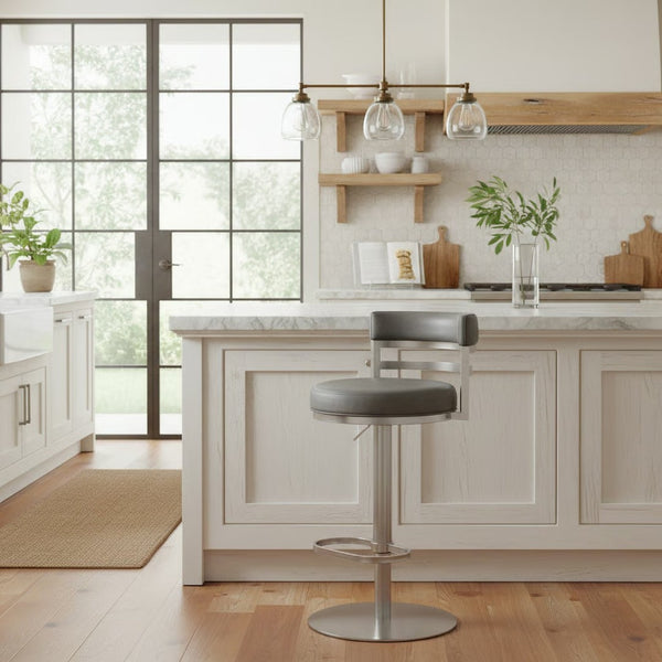 English Elm Iduj Industrial Swivel Barstool Adjustable Height Faux Leather Seat Stainless Frame Gray B2736P511316