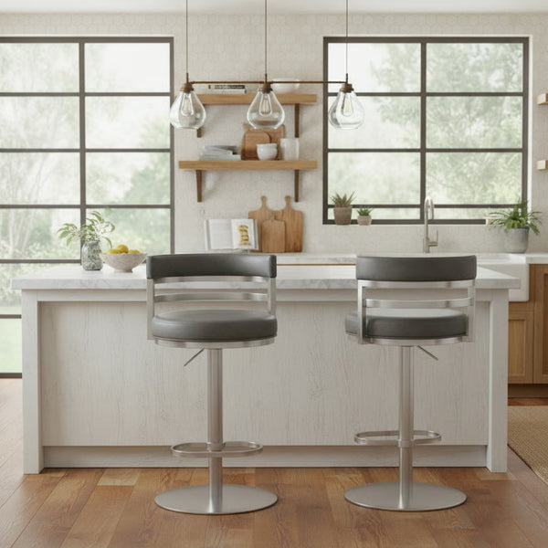 English Elm Iduj Industrial Swivel Barstool Adjustable Height Faux Leather Seat Stainless Frame Gray B2736P511316
