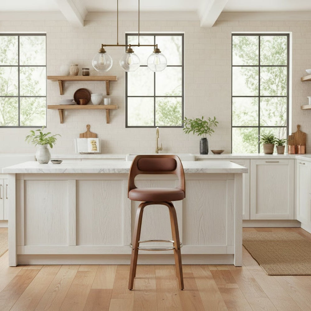 English Elm Suluij Swivel Bar Stool Faux Leather Seat Walnut Frame Mid-century Kitchen Island B2736P511318