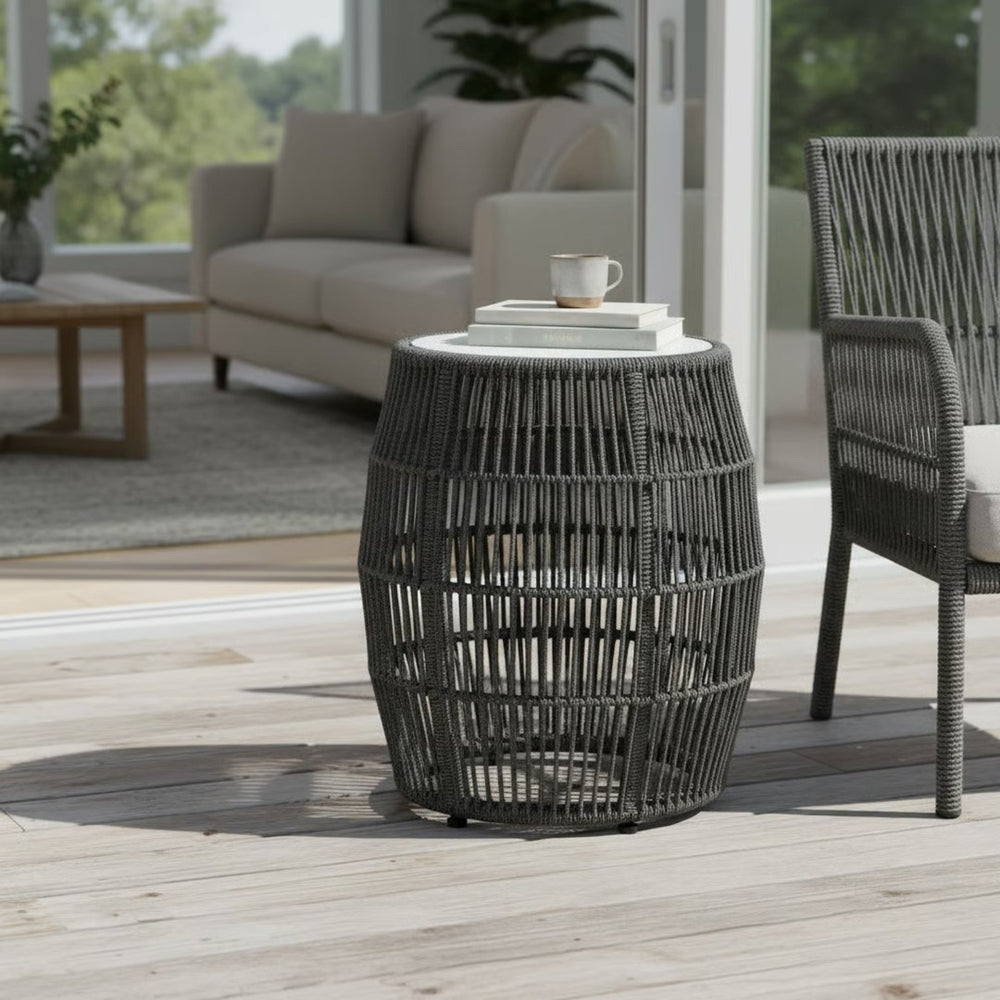 English Elm Uposa Woven Rope Garden Stool with Stone Top for Patio or Living Room Accent B2736P511327