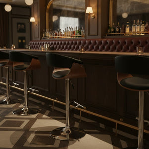 English Elm Isar Mid-century Swivel Barstool with Walnut Veneer Frame and Faux Leather Seat B2736P511328