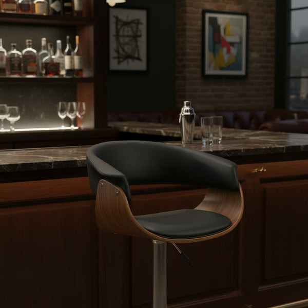 English Elm Isar Mid-century Swivel Barstool with Walnut Veneer Frame and Faux Leather Seat B2736P511328
