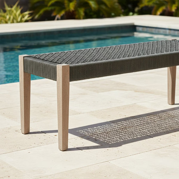 English Elm Ethre Eucalyptus Wood Bench with Woven Rope Back for Patio Garden or Entryway B2736P511332