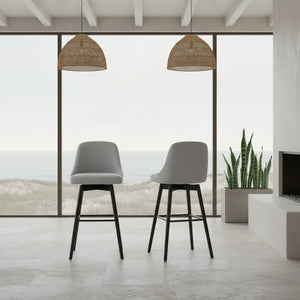 English Elm Cylis Upholstered Swivel Counterstool with Wood Base and Padded Gray Fabric Seat B2736P511333