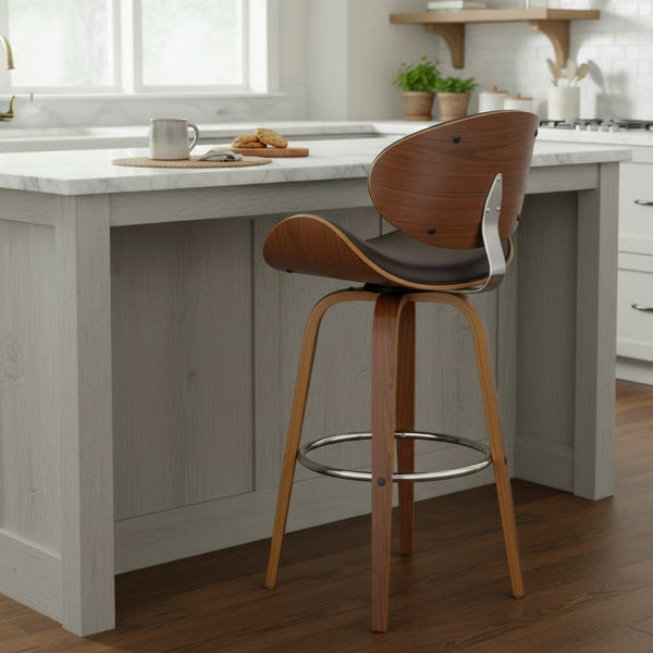 English Elm Vlang Mid-century Swivel Counter Stool Faux Leather Seat Walnut Wood Frame B2736P511335