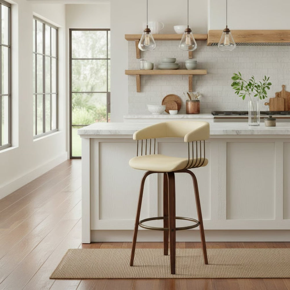 English Elm Gatopa Swivel Barstool Walnut Frame Faux Leather Seat Bronze Footrest Kitchen B2736P511336