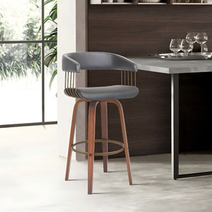 English Elm Gatopa Swivel Bar Stool Walnut Frame Gray Faux Leather Seat Bronze Footrest Ring B2736P511337