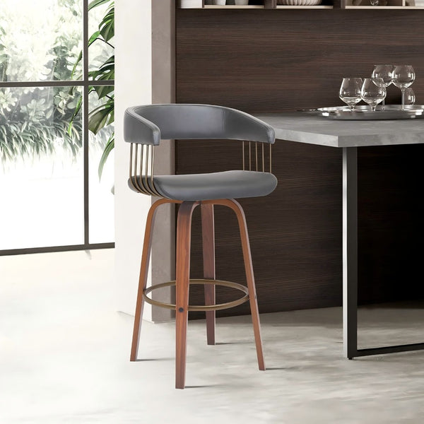 English Elm Gatopa Swivel Bar Stool Walnut Frame Gray Faux Leather Seat Bronze Footrest Ring B2736P511337