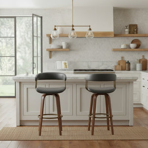 English Elm Gatopa Swivel Bar Stool Walnut Frame Gray Faux Leather Seat Bronze Footrest Ring B2736P511337